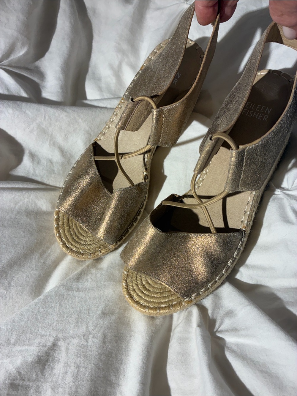 Eileen Fisher Metallic Gold leather Espadrille Wedge Slingbacks NWOT 8.5